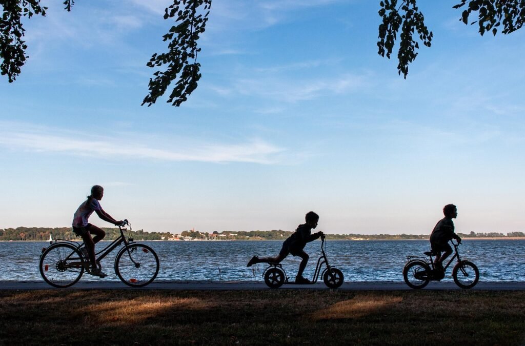 scooter, bicycle, leisure time, biking, nature, bike ride, children, lake, excursion, bike tour